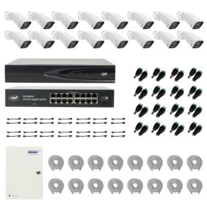 Pachet NVR PNI House IP816 cu 16 camere PNI IP740 4MP, sursa, switch, cabluri, mufe si splitere