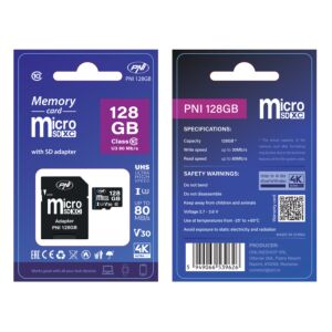 Card de memorie MicroSD PNI 128GB cu adaptor SD, Clasa 10, 80 Mb/s, V30